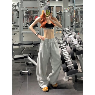 白花灰加厚加绒卫裤男女秋冬美式运动健身休闲裤高级感弯刀阔腿裤