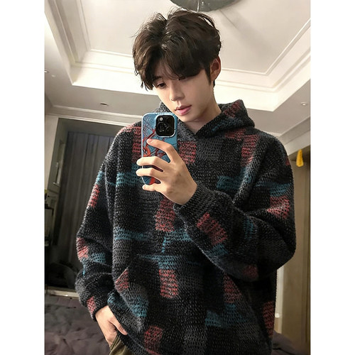 美式复古毛绒针织卫衣男秋冬外套