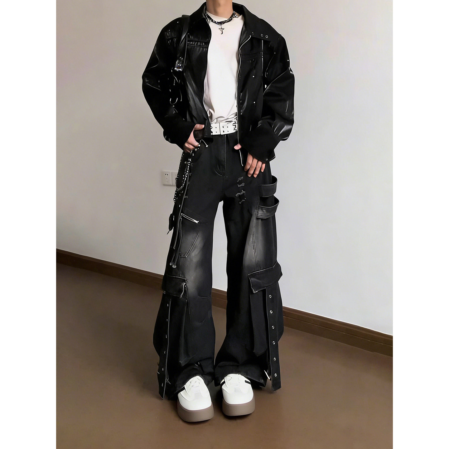 美式重工多口袋工装牛仔裤男秋冬铆钉飘带阔腿裤子直筒宽松微喇裤,男装,牛仔裤,淘宝优惠券,粉丝福利购,淘宝优惠卷