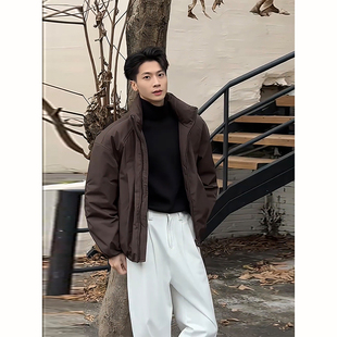 美拉德咖色短款轻薄羽绒棉服冬外套男装不臃肿解构拼接宽松面包服
