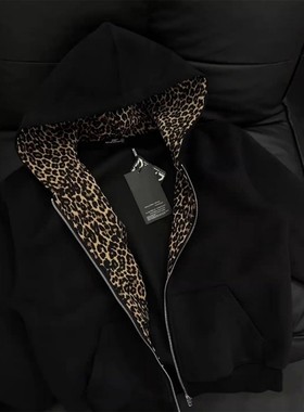 黑色豹纹拼接开衫卫衣男秋冬美式痞帅高级感外套重磅连帽拉链夹克