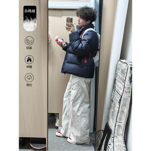 加厚立领面包服潮牌痞帅白鸭绒外套 无帽羽绒服男冬季 黑色美式 短款
