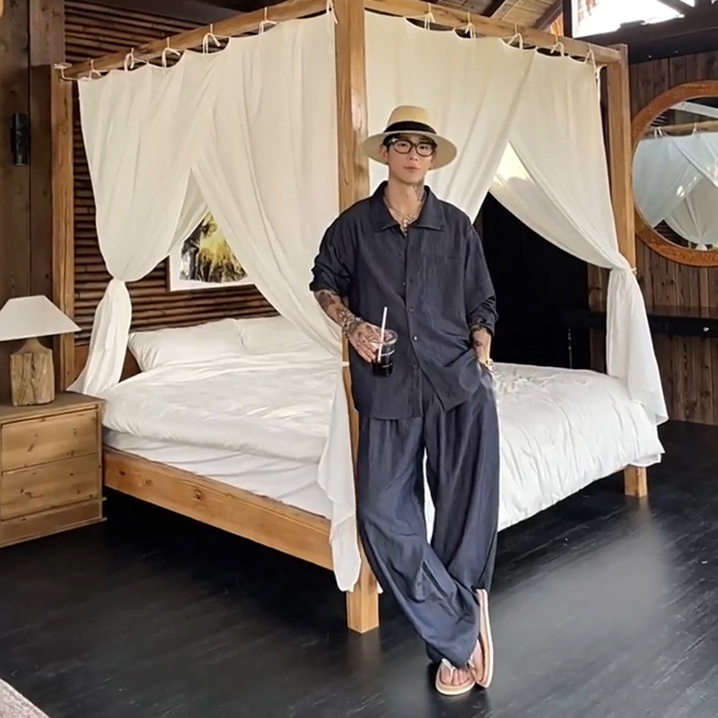 松弛感老钱风套装男士夏季短袖衬衫垂感冰丝长裤发型师穿搭两件套,男装,时尚套装,淘宝优惠券,粉丝福利购,淘宝优惠卷