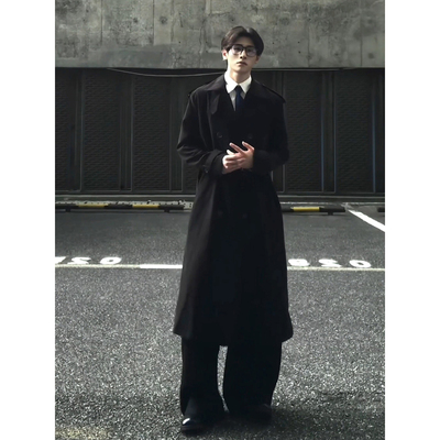 黑色教父风垫肩毛呢大衣男秋冬季