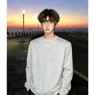 白花灰重磅正肩长袖t恤男春季美式圆领加绒卫衣cleanfit内搭上衣