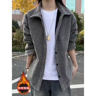 深灰色人字纹毛呢衬衫男秋冬雪尼尔长袖衬衣翻领宽松针织开衫外套