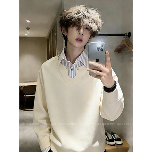 美式假两件条纹衬衫领卫衣男士衣服内搭春季重磅硬挺长袖polo外套