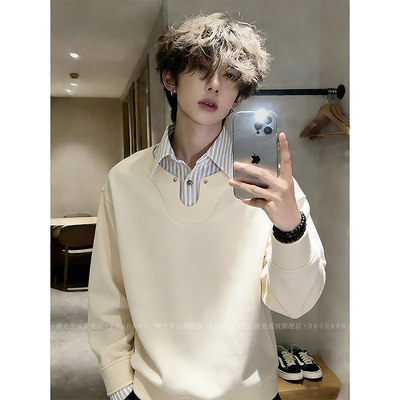 美式假两件条纹衬衫领卫衣男士