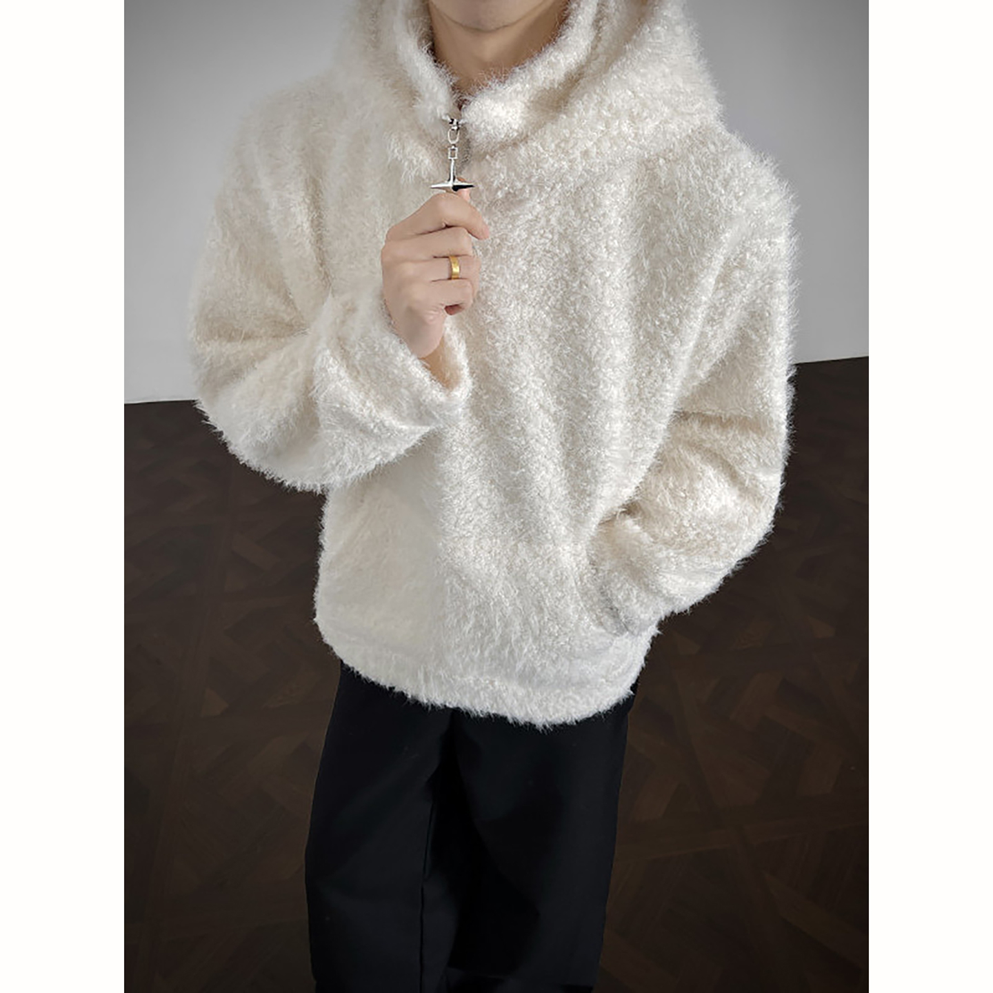 半拉链毛绒连帽卫衣男秋冬季加厚