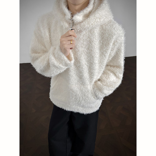 半拉链毛绒连帽卫衣男秋冬季加厚