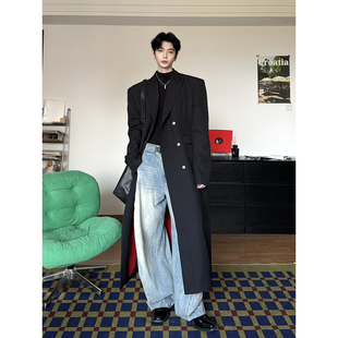 黑红撞色长款垫肩收腰大衣男秋冬韩版英伦风西装外套巴尔马肯风衣