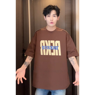 美拉德发泡印花短袖男高街美式hiphop潮牌t恤高克重磅硬挺七分袖