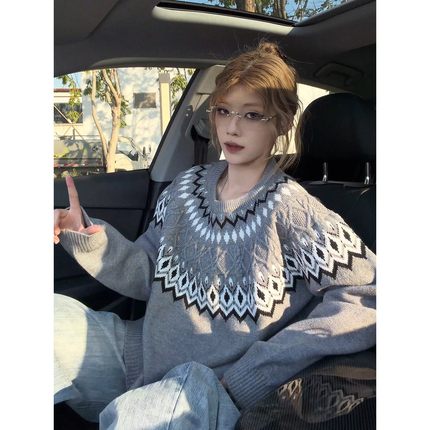 stay the night费尔岛圆领毛衣男款秋冬慵懒高级感提花套头针织衫