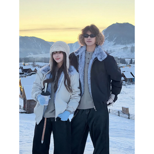 羊羔绒座山雕情侣棉服男款一件过冬加绒加厚立领棉衣美式短款外套
