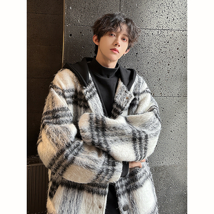 美式潮牌假两件格子毛呢外套男款秋冬高级感短款风衣痞帅连帽夹克