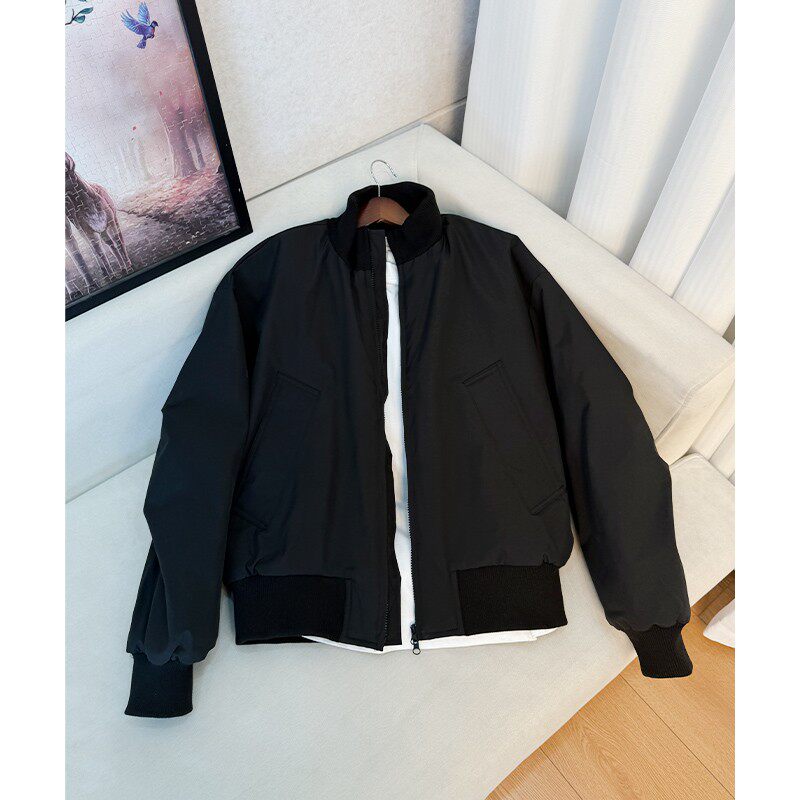 黑色飞行员夹克棉服男秋冬美式廓形短款外套高级感立领夹棉棒球服