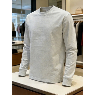 白灰色小领口重磅卫衣男春季美式纯棉正肩长袖t恤高级感打底上衣