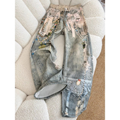 泼墨脏染3D印花牛仔裤 高街hiphop微喇长裤 男潮牌痞帅炸街裤 子美式