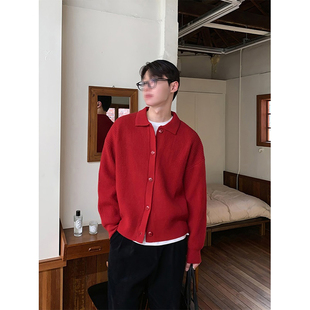 安哥拉红毛衣男士外搭开衫韩系学院风外套宽松bf慵懒风短款针织衫