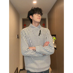 白色斜领拉链立领卫衣男春季美式鱼骨纹正肩长袖t恤内搭打底上衣