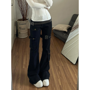 美式vibe绑带牛仔裤男款春季多口袋弯刀微喇裤子cleanfit工装长裤