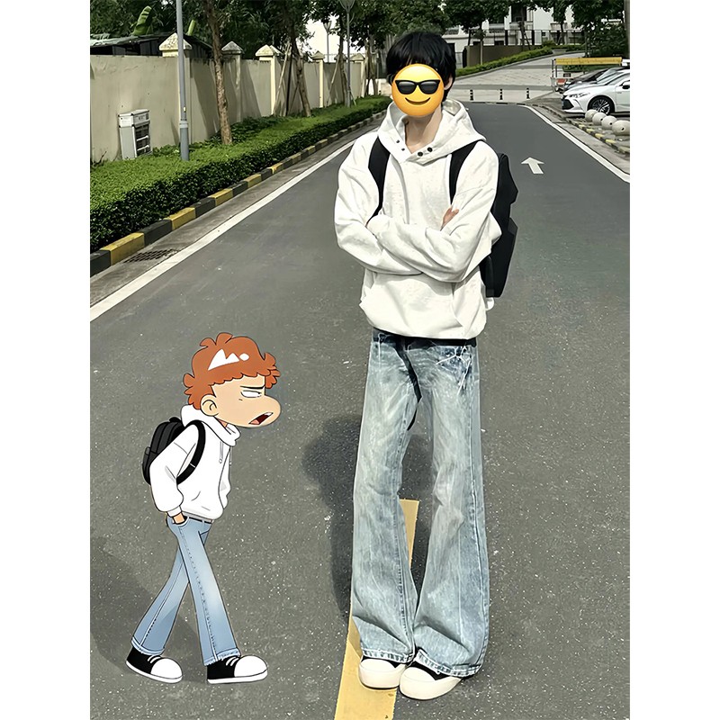 蓝色闪电裂纹弯刀牛仔裤男款