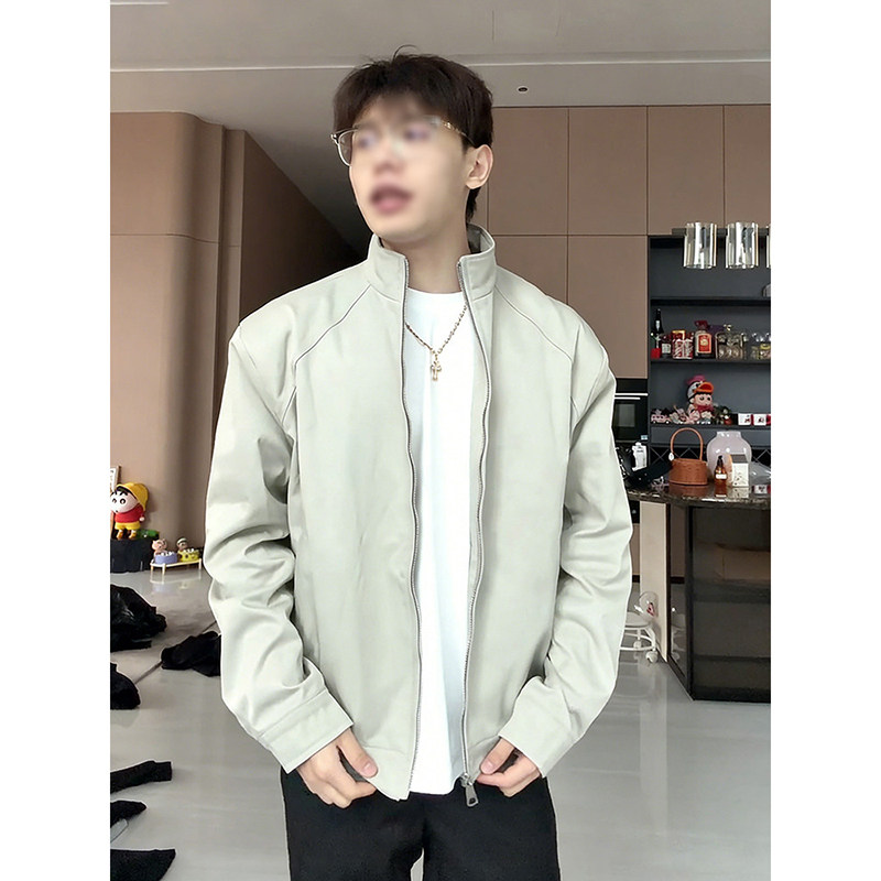 卡其色立领垫肩夹克男生春季显肩宽廓形短款外套宽松百搭休闲上衣