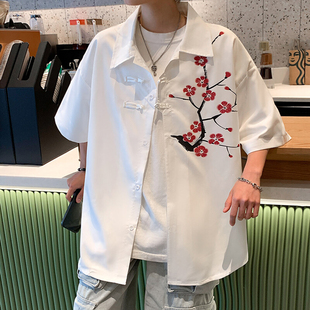 新国风新中式梅花刺绣白色衬衫男装夏季薄款衬衣外套古风盘扣上衣
