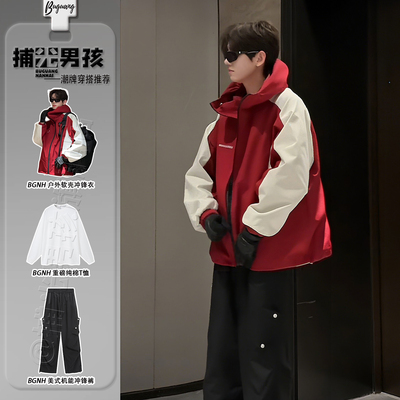 朱雀红双面穿冲锋衣男款套装秋季