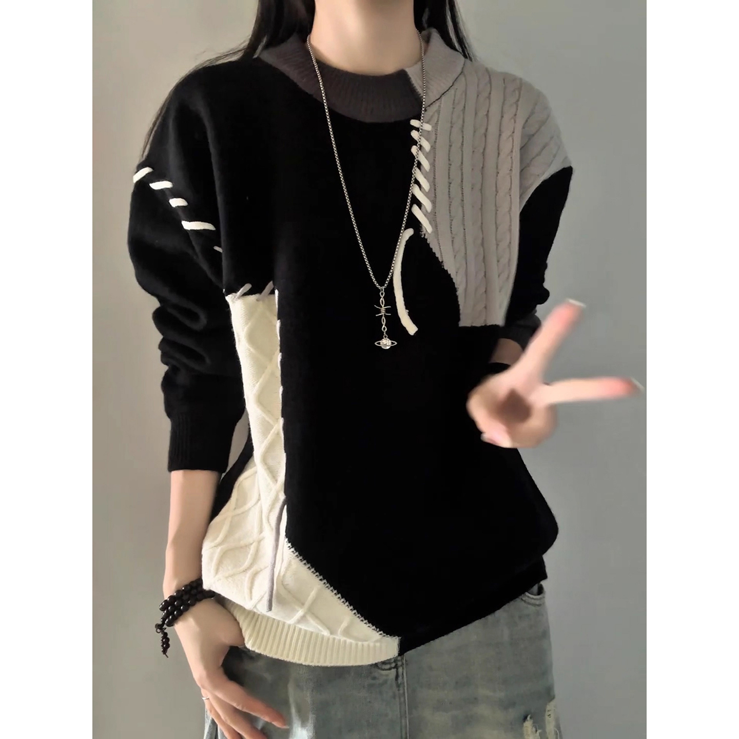 美式拼接撞色圆领毛衣冬季高级感