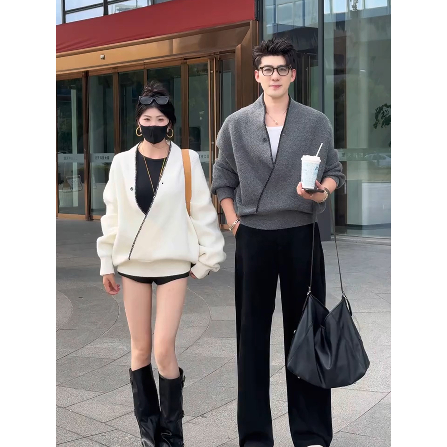 新中式v领开衫毛衣男韩系慵懒风