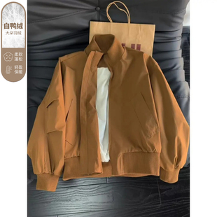 美式bomber飞行夹克棉服男秋冬季棒球羽绒服短款廓形立领棕色外套