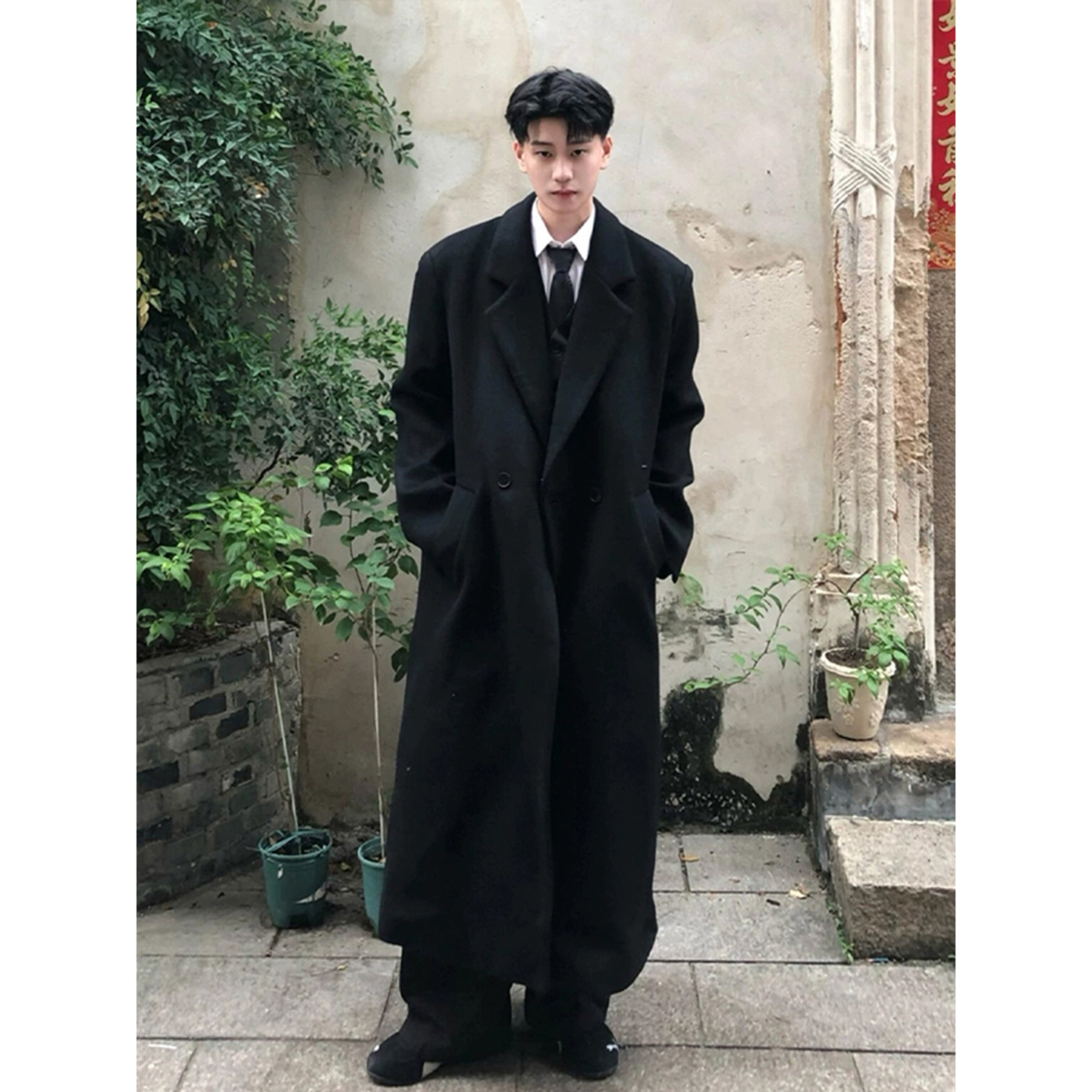 黑色垫肩克鲁苏毛呢大衣男中长款