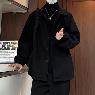 短款 英伦风衣cleanfit美式 呢子夹克 秋冬韩版 黑色翻领毛呢外套男款