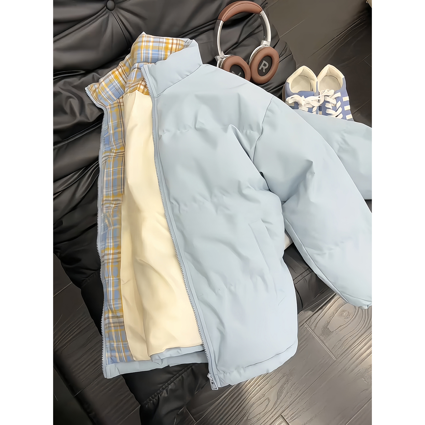 奶蓝色美式棉服男款冬季格子拼接