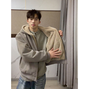 美式 高街pu皮座山雕外套男生一件过冬加绒保暖棉服仿兔毛连帽棉衣