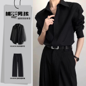 穿搭一整套高级感春秋英伦雅痞风长袖 黑色那不勒斯dk衬衫 男士 衬衣