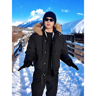 美式座山雕羽绒服男冬季加厚可拆卸毛领工装外套短款防寒派克棉服