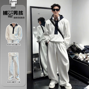牛仔拼接连帽卫衣阔腿弯刀卫裤男生韩系松弛感穿搭套装休闲运动服