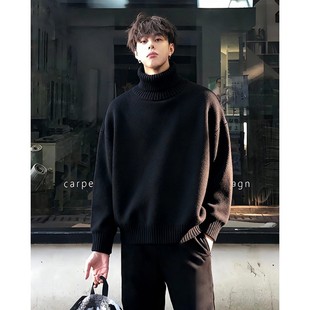 加绒加厚内搭打底线衫 黑色高领毛衣男款 秋冬韩系慵懒高级感针织衫