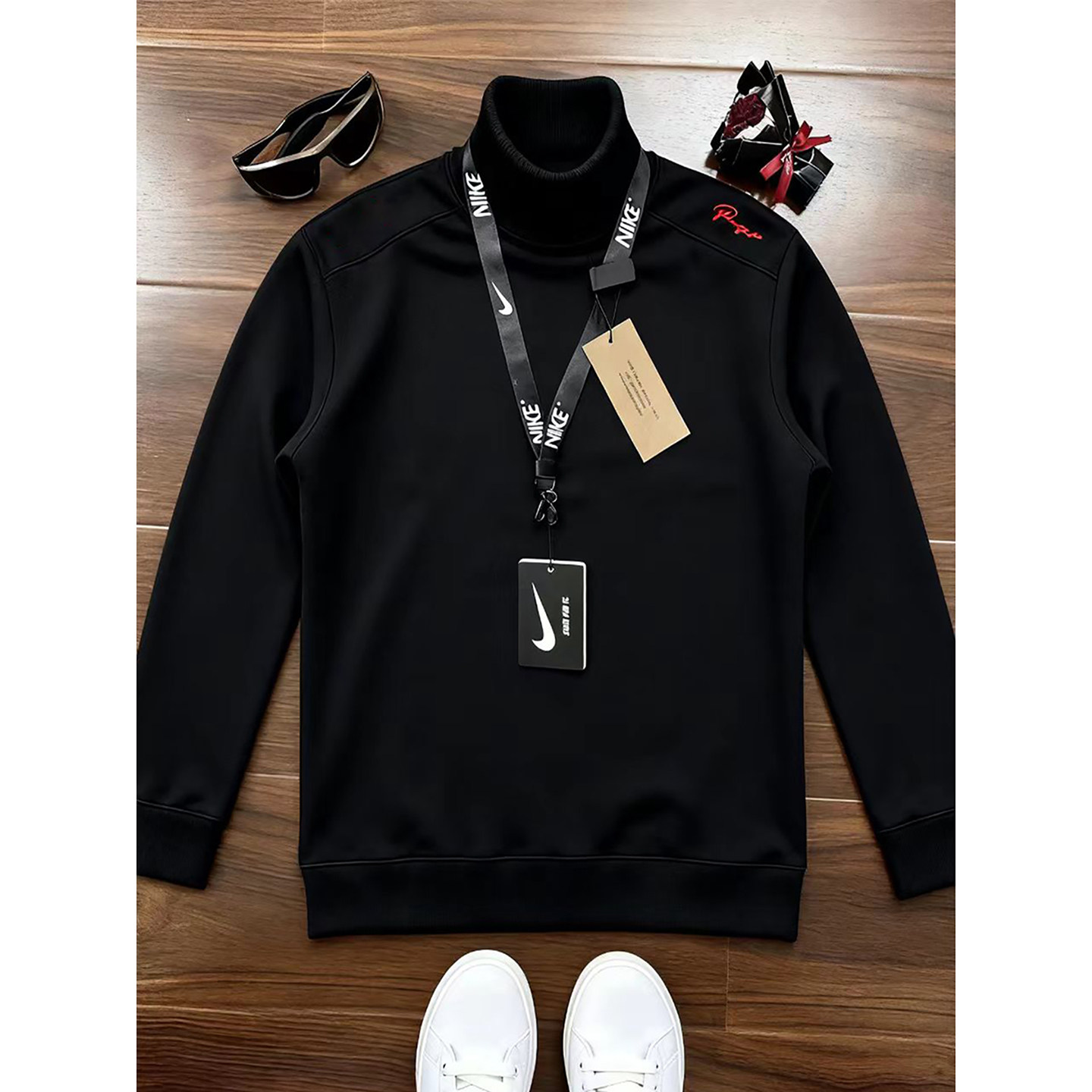 黑色红标刺绣德绒打底衫男秋冬季