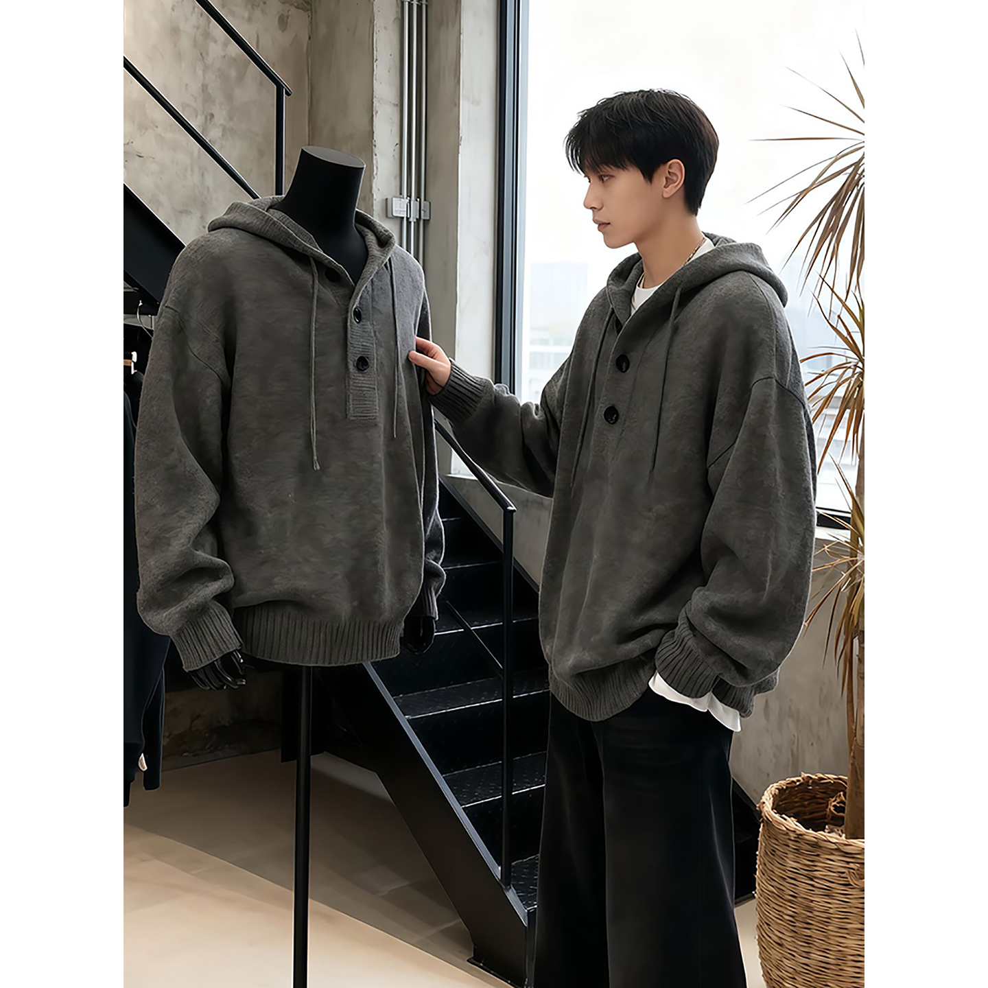 深灰色美式半开衫连帽毛衣男秋冬