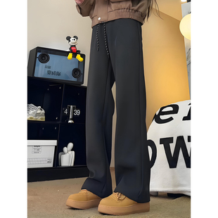 黑色直筒微喇西裤男款冬季高级感垂坠感加绒裤子显腿长显瘦休闲裤