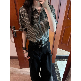 防晒外套高级感痞帅短袖 美式 薄款 男夏季 衬衣 复古cleanfit格子衬衫