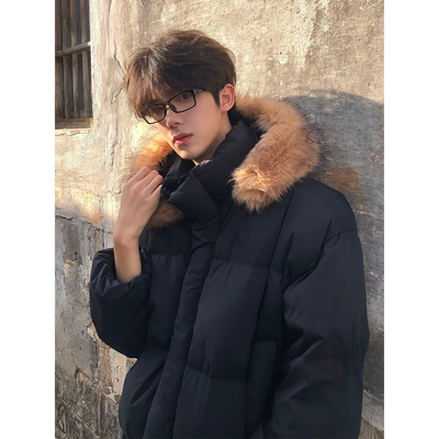 黑色大毛领羽绒棉服男冬季