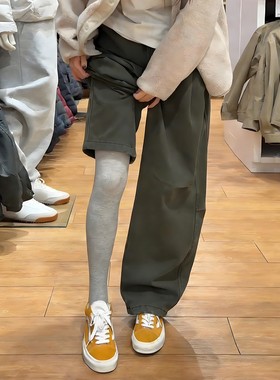 军绿色水洗阔腿工装裤男冬季美式复古加绒裤子cleanfit直筒休闲裤