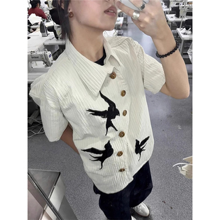 美式潮流和平鸽刺绣短袖衬衫男款夏季高级感压褶衬衣不规则扣上衣