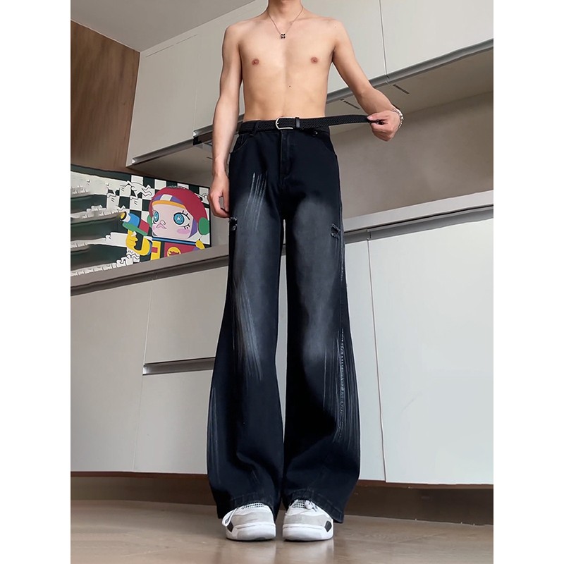 美式破洞弯刀牛仔裤秋季潮牌裂痕