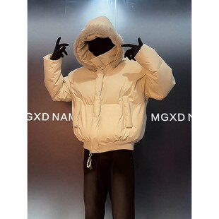 米白色连帽羽绒棉服男款冬季短款可拆卸毛领外套高级感立领面包服