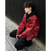 原创设计红色皮衣外套男春秋美式 hiphop赛车机车服痞帅高级感夹克